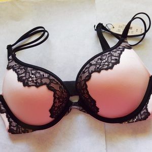 Pale Pink Push Up Bra w Black Lace & Rhinestones